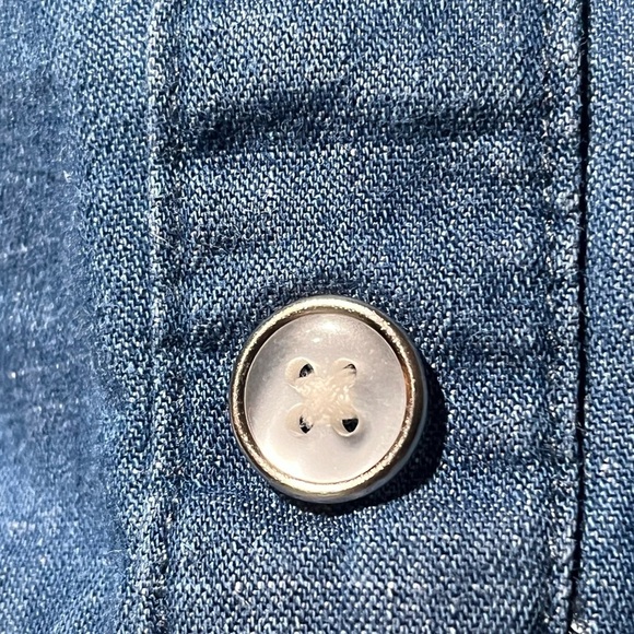 Patchwork Two-Tone Denim Smock Shirt Dress Tunic 3/4 Sleeve Flounce Hem Pockets - Picture 5 of 12